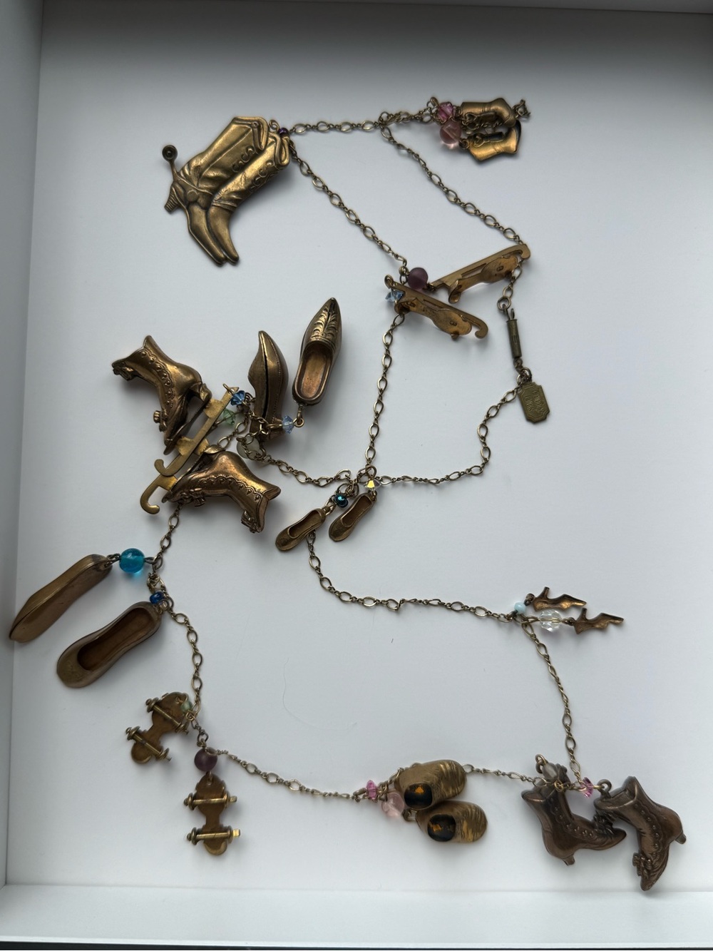 Vintage Pididdly Links Signed Shoe Charm Necklace 11 Charms Kingston NY Brass
